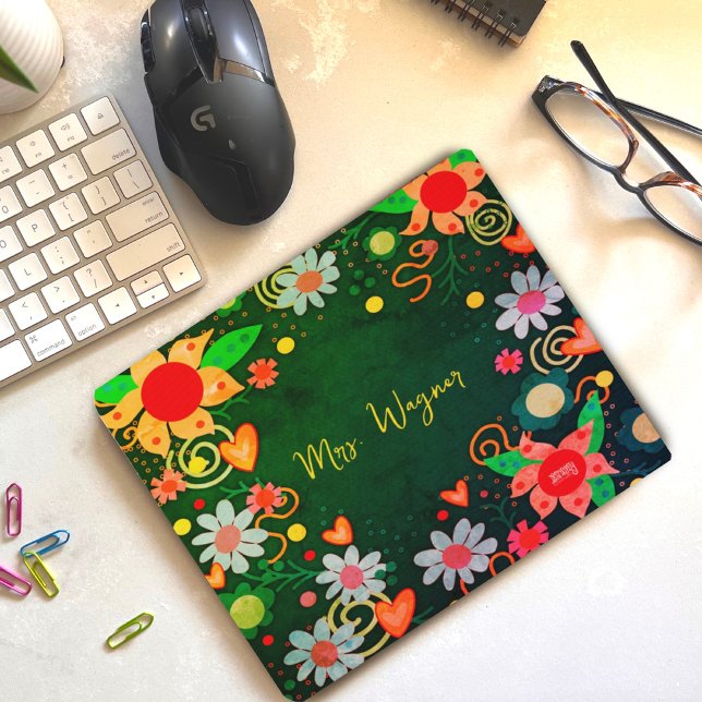 Pretty Floral Personalised Green Teacher Mousepad (Creator Uploaded)