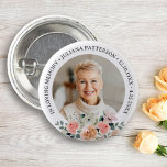 Pretty Floral Photo Memorial Keepsake Funeral 3 Cm Round Badge<br><div class="desc">Honour your loved one with this beautiful button featuring a photo highlighted by a bouquet of pretty watercolor flowers.  Add your custom text to personalise.  Easily change the background colour to suit your needs. The perfect keepsake memory to hand out to family and friends.</div>