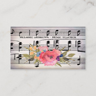 Pretty Floral Piano Teacher Vintage Sheet of Music Business Card