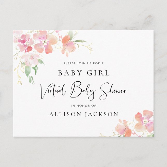 Pretty Floral Pink Coral Gold Virtual Baby Shower Invitation Postcard (Front)