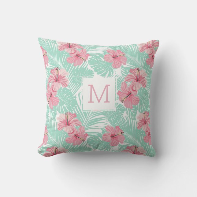 Pretty Floral Pink Hibiscus Tropical Monogram Cushion (Front)