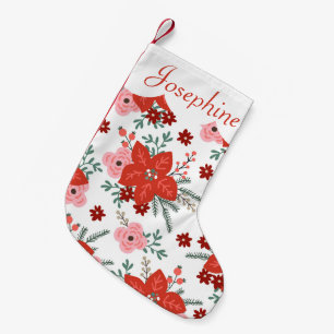 Pretty Floral Poinsettia Girls Christmas Holiday Small Christmas Stocking