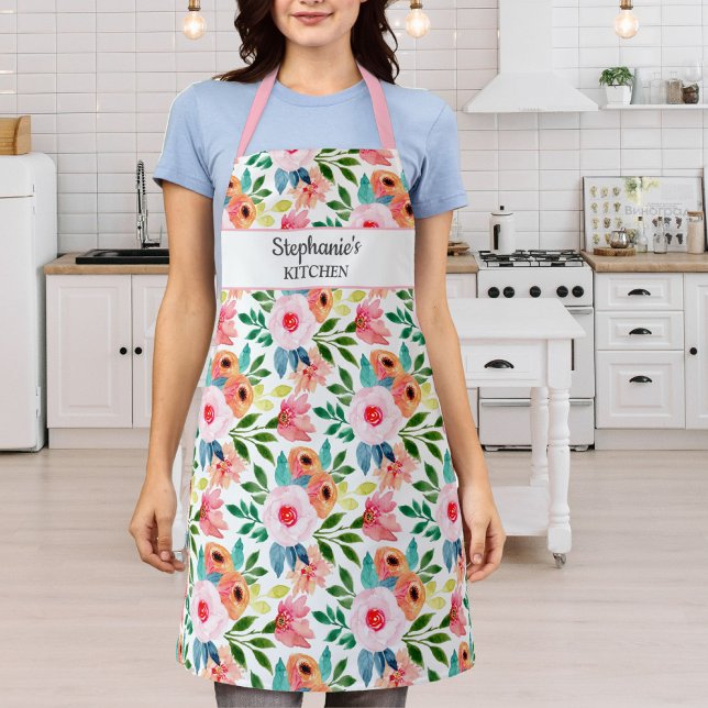 Pretty Floral Print Custom Text Name Personalised Apron (Creator Uploaded)