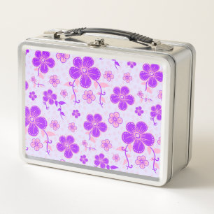 Pretty Floral Print Purple and Pink on Lavender Metal Lunch Box