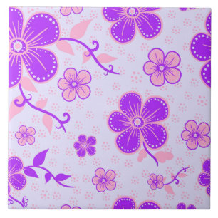 Pretty Floral Print Purple and Pink on Lavender Tile