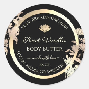 Pretty Floral Product Packaging Labels Black Gold
