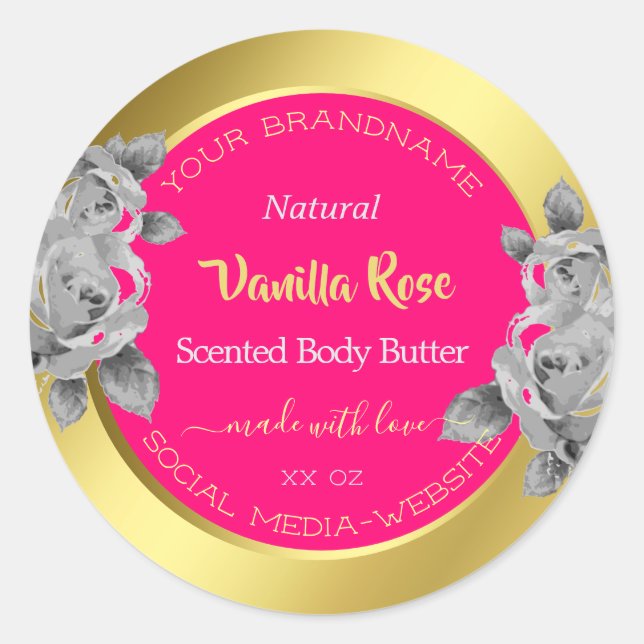 Pretty Floral Product Packaging Labels Gold & Pink (Front)