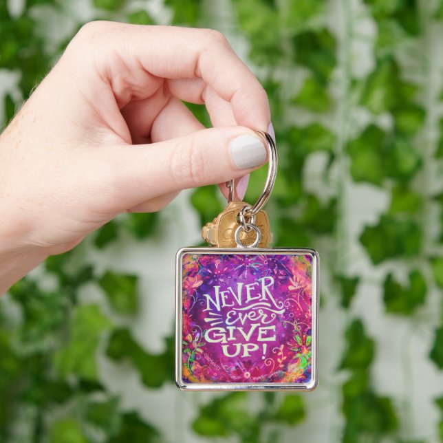 Pretty Floral Purple Never Give Up Inspirivity Key Ring (Hand)