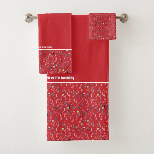 Pretty Floral RED Customisable Scripture Bath Towel Set (Insitu)
