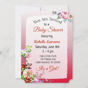 Pretty Floral Red Girl's Baby Shower Invitation