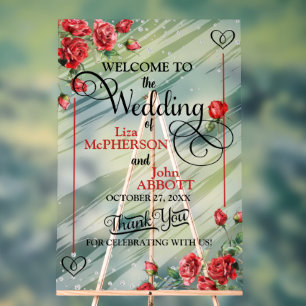 Pretty Floral Red Roses Wedding Welcome Acrylic Sign