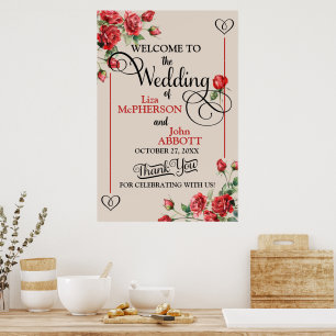 Pretty Floral Red Roses Wedding Welcome Sign