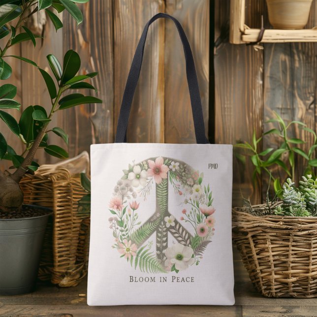 Pretty Floral Retro "Bloom in Peace" Peace Sign Tote Bag (Creator Uploaded)