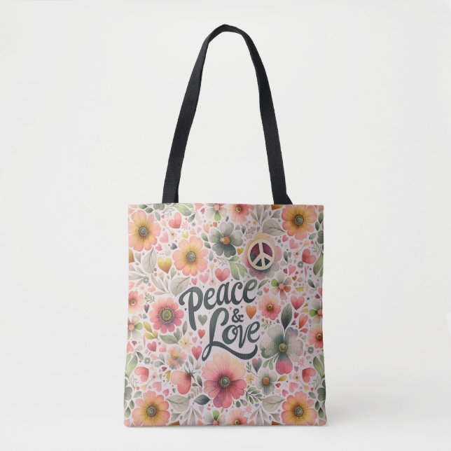 Pretty Floral Retro Peace & Love Tote Bag (Front)
