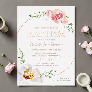 Pretty Floral Rose Gold Cross Baptism Photo Foil