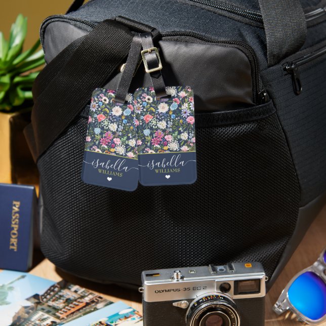 Pretty Floral Rose Personalised Wildflower Luggage Tag (Front & Back)