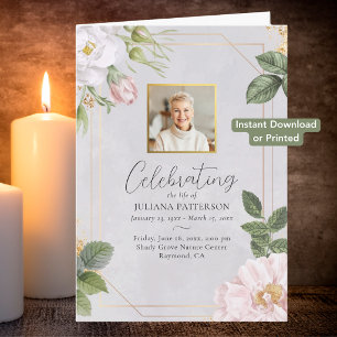 Pretty Floral Rose Photo Digital Funeral Program Card