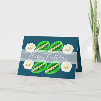 Pretty Floral Roses Leaves Flowers Blue Birthday Card
