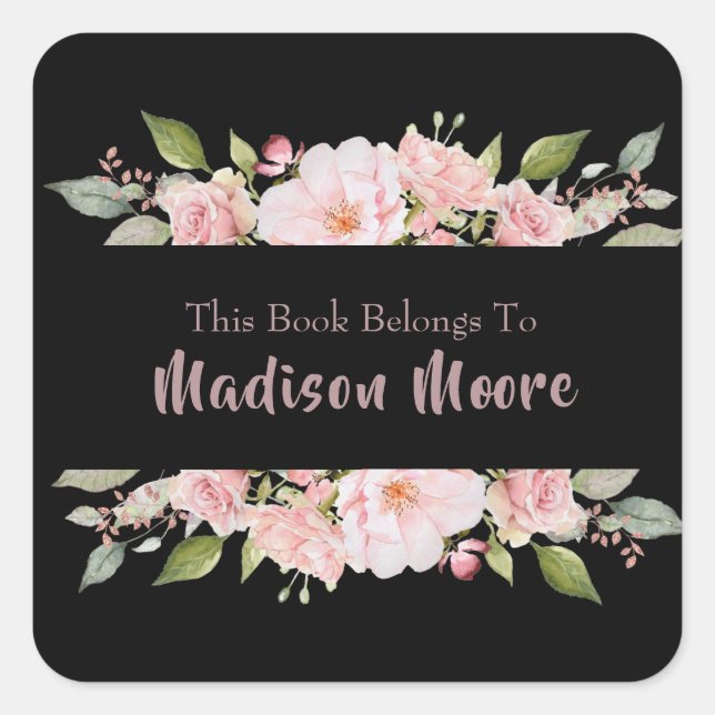 Pretty Floral Roses Name Inscribed Bookplate Square Sticker (Front)