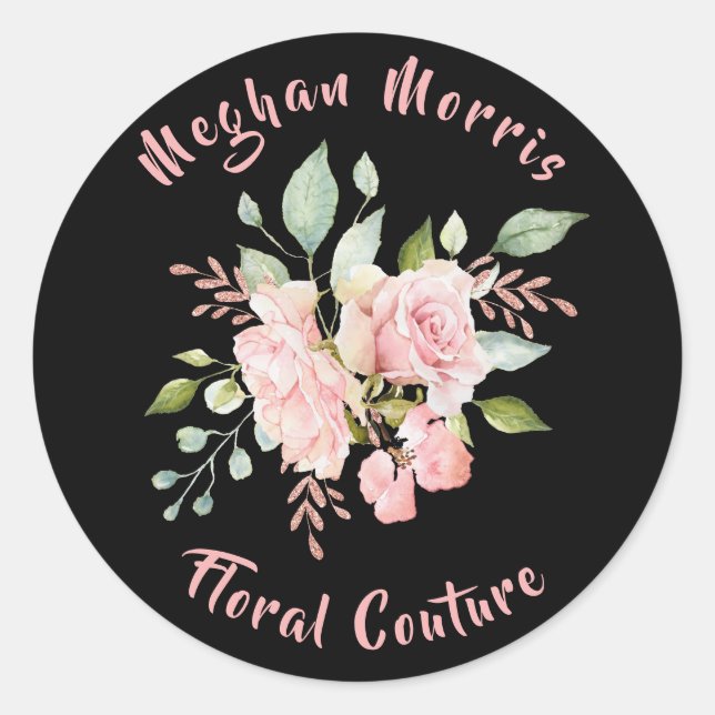 Pretty Floral Roses Name Inscribed Business Classic Round Sticker (Front)