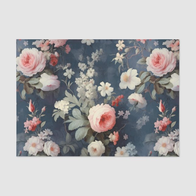 Pretty Floral Shabby Chic Pattern on Dark Blue Tissue Paper (Front)