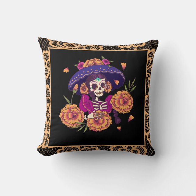 Pretty Floral Skeleton Skull & Orange Lace Gothic Cushion (Front)