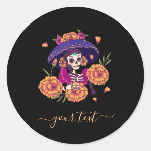 Pretty Floral Skull Skeleton &Elegant Name Festive Classic Round Sticker