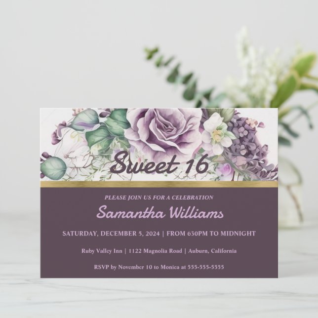 Pretty Floral Sweet 16 Invitation (Standing Front)