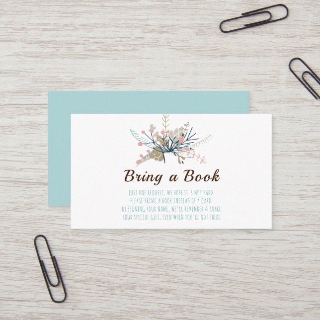 Pretty Floral Teal Bring a Book Baby Shower Business Card (Front/Back In Situ)