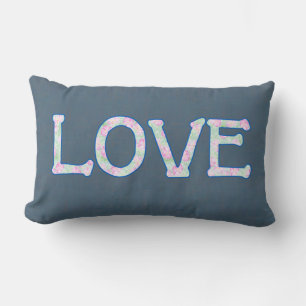 Pretty Floral Text Love on Denim Blue Background Lumbar Cushion