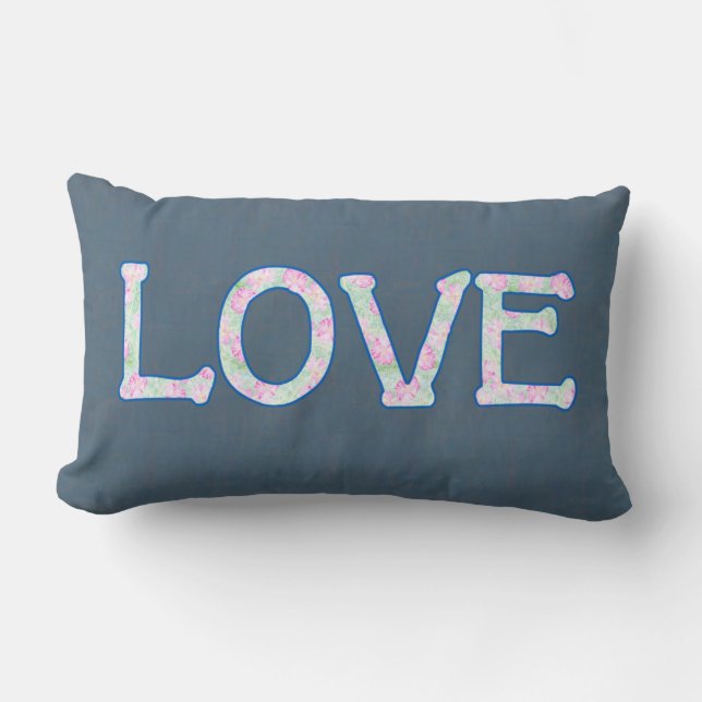 Pretty Floral Text Love on Denim Blue Background Lumbar Cushion (Front)