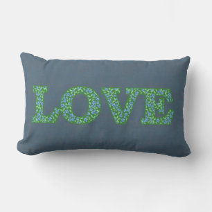 Pretty Floral Text Love on Denim Blue Background Lumbar Cushion