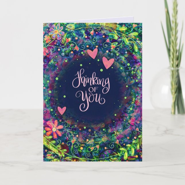 Pretty Floral Thinking of You Heart Purple Elegant Card (Front)