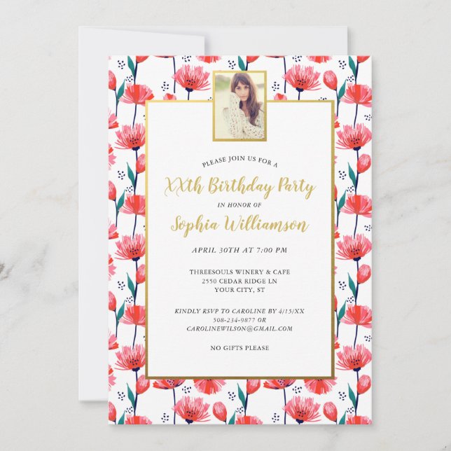 Pretty Floral Tulip, Your Photo, Birthday Party Invitation (Front)