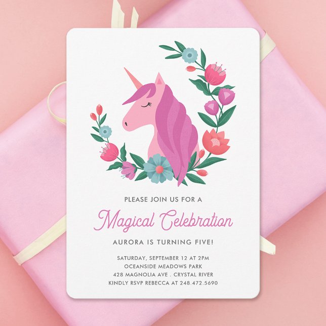 Pretty Floral Unicorn Girls Birthday Invitation (Creator Uploaded)
