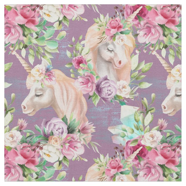 Pretty Floral Unicorn Pattern on Lavender Fabric (Close Up)