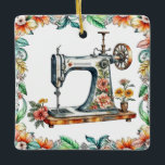 Pretty Floral Vintage Sewing Machine Christmas Ceramic Ornament<br><div class="desc">Pretty vintage antique sewing machine surrounded by coral flowers and green and blue foliage,  personalised Christmas ornament.</div>