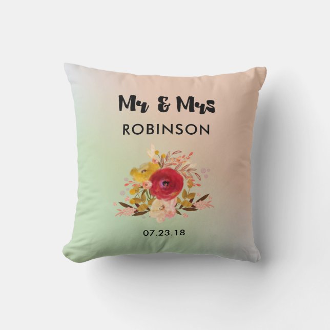 Pretty Floral Watercolor Bouquet Wedding Mr & Mrs Cushion (Front)