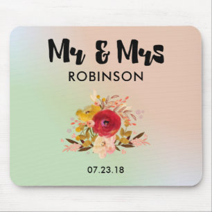 Pretty Floral Watercolor Bouquet Wedding Mr & Mrs Mouse Pad