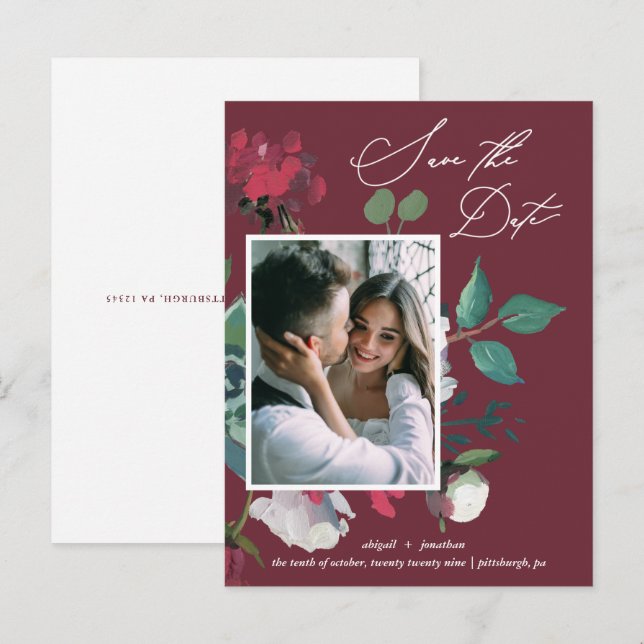 Pretty Floral Watercolor Flowers Burgundy Wedding Invitation Postcard (Front/Back)