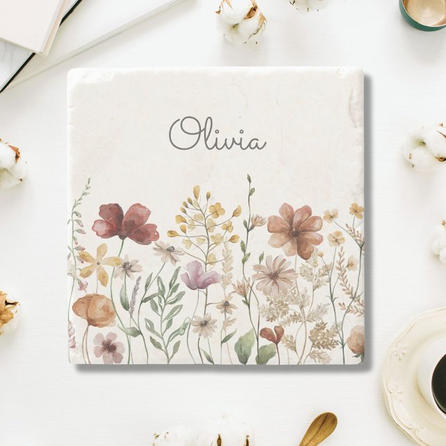 Pretty Floral Watercolor Wildflower Garden Stone Coaster (Close up)