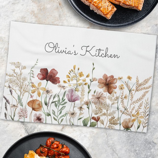 Pretty Floral Watercolor Wildflower Garden Tea Towel (In situ)