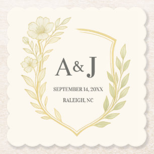 Pretty Floral Wedding Crest Monogram Laurel Wreath Paper Coaster