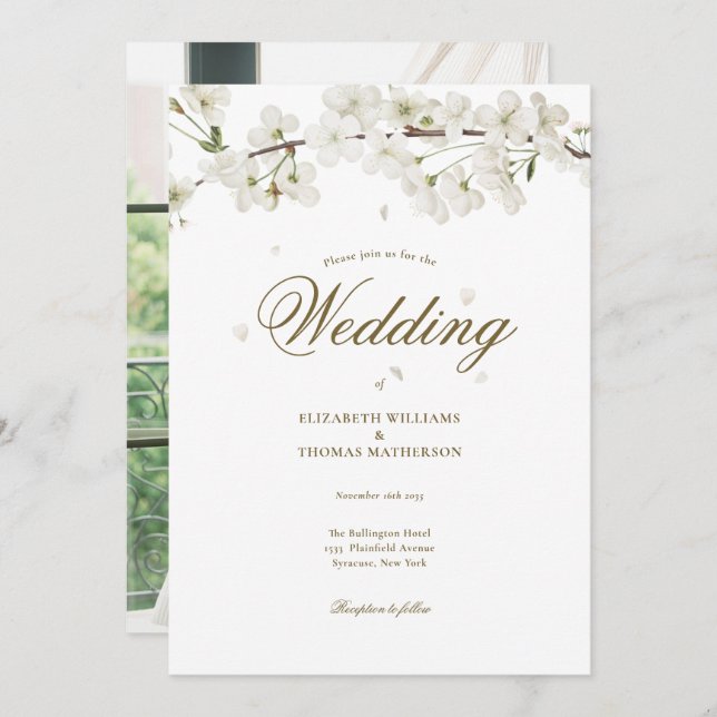 Pretty Floral Wedding White Blossom Photo Invitation (Front/Back)