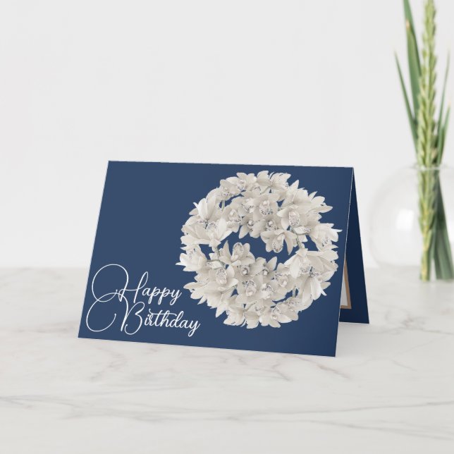 Pretty Floral White Orchid Flower Garland Birthday Card (Front)