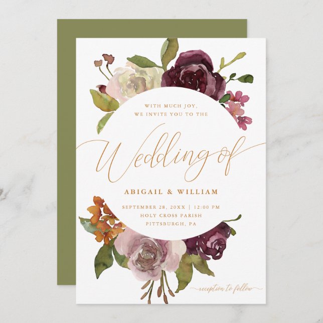 Pretty Floral with Calligraphy Green Wedding Invitation (Front/Back)