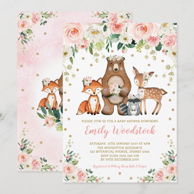 Pretty Floral Woodland Animals Baby Girl Shower Invitation (Front/Back)