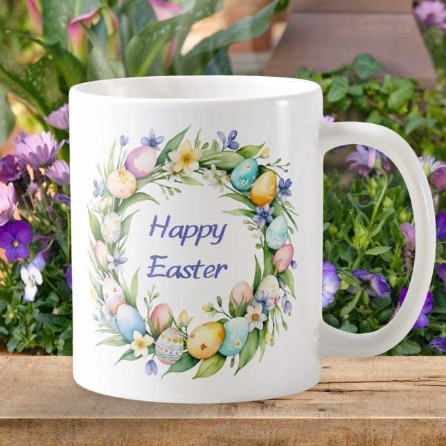 Pretty Floral Wreath Easter Eggs Personalised Coffee Mug (A mug with watercolor floral wreath with eggs, 'Happy Easter' words, and custom name on the back)