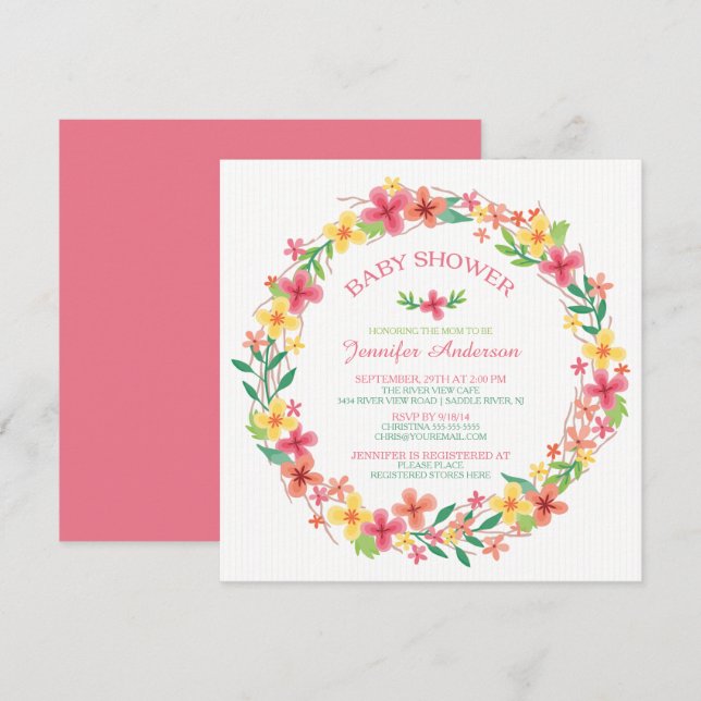 Pretty Floral Wreath Girls Baby Shower Invitation (Front/Back)