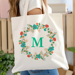 Pretty Floral Wreath Monogram Tote Bag